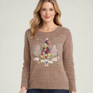 CJ Banks Winter Holiday Sweater Angora Blend Button Tree Camel Brown Women’s XL